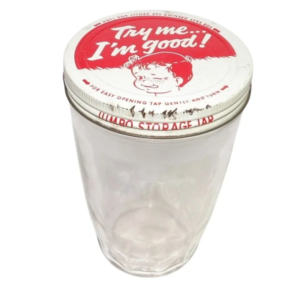 Vintage Jumbo Storage Jar Try Me I'm Good Winking Boy Glass Litho Lid Container